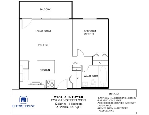 A floor plan of a one bedroom apartment with a living room, kitchen and bathroom.